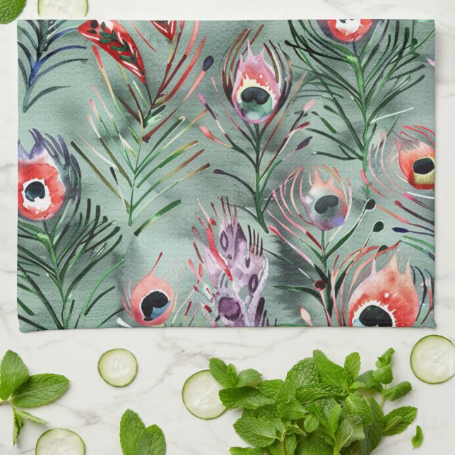 Green Red Peacock Feathers   Kitchen Towel (Folded)