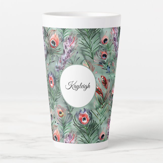 Green Red Peacock Feathers   Latte Mug (Front)