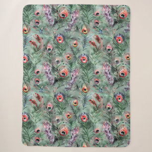 Green Red Peacock Feathers   Sherpa Blanket