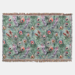 Green Red Peacock Feathers   Throw Blanket
