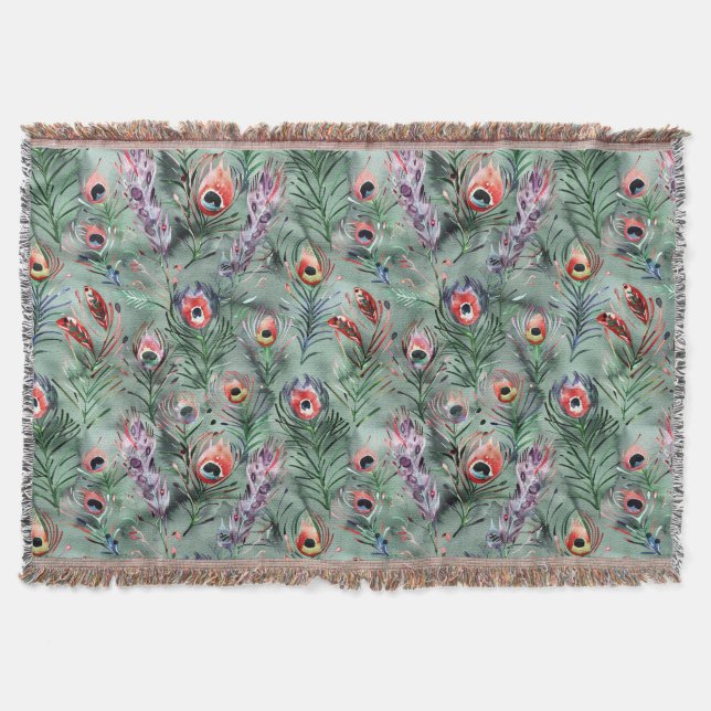 Green Red Peacock Feathers   Throw Blanket (Front)