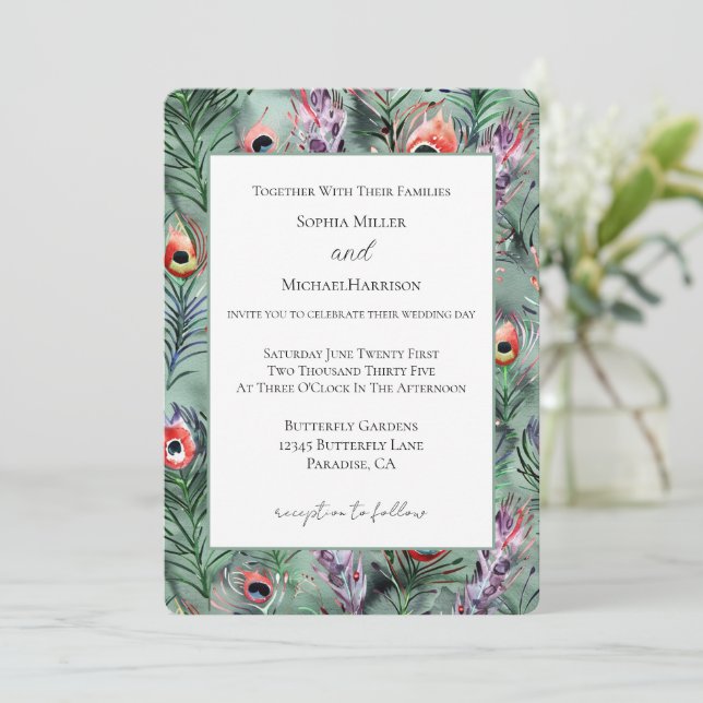 Green Red Peacock Feathers Wedding Invitation (Standing Front)