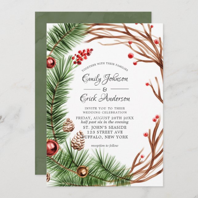 Green Red Pine Branch Wreath Christmas Wedding Invitation (Front/Back)