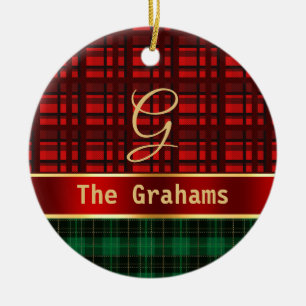 Green Red Plaid and Ribbon with Name and Initial Ceramic Ornament