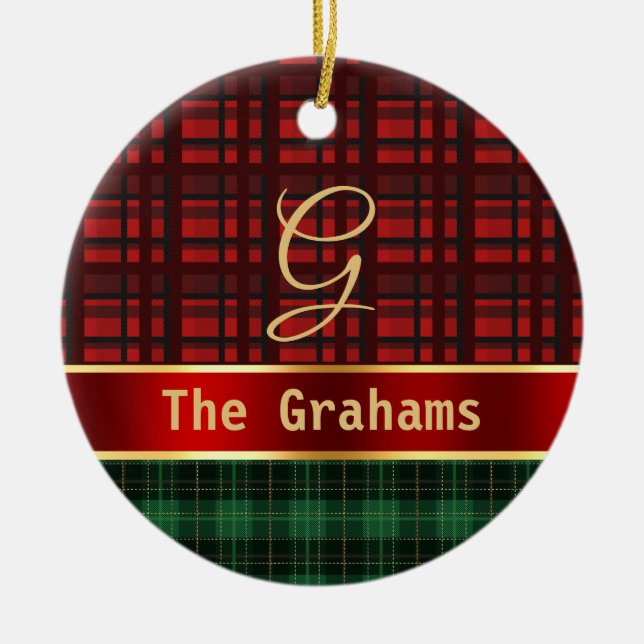 Green Red Plaid and Ribbon with Name and Initial Ceramic Ornament (Front)