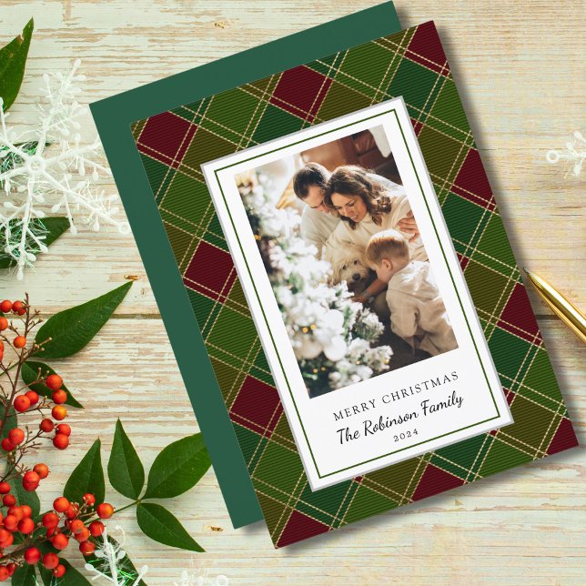 Green Red Plaid Frame Merry Christmas Holiday Card (Creator Uploaded)