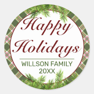 Green Red Plaid & Pine Branch Happy Holidays Classic Round Sticker