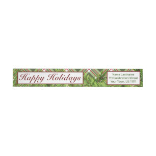 Green Red Plaid & Pine Branch Happy Holidays Wrap Around Label