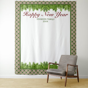 Green Red Plaid & Pine New Year Photo Background Tapestry