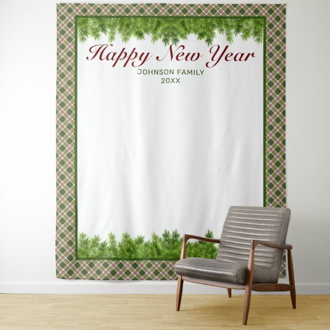 Green Red Plaid & Pine New Year Photo Background Tapestry (In Situ)