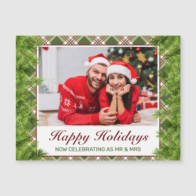 Green Red Plaid Pine Photo Happy Holidays Greeting (Front)