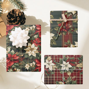Green Red Plaid & Poinsettias Christmas Holiday Wrapping Paper Sheet