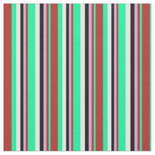 Green, Red, Plum, Black & White Coloured Stripes Fabric
