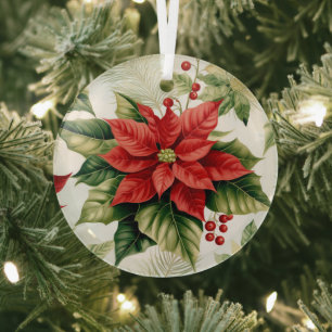 Green Red Poinsettia Flower Christmas Holiday Glass Ornament