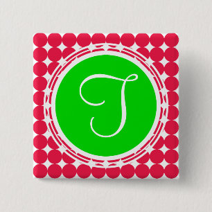Green & Red Polka Dot Monogram 2 Inch Square Button
