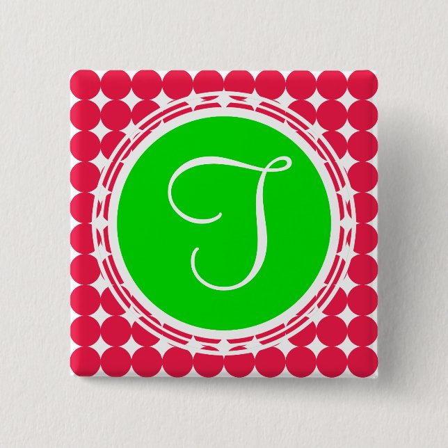 Green & Red Polka Dot Monogram 2 Inch Square Button (Front)