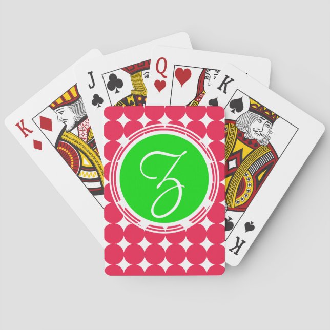 Green & Red Polka Dot Monogram Playing Cards (Back)