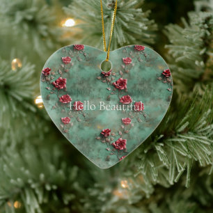 Green Red Roses Ceramic Ornament