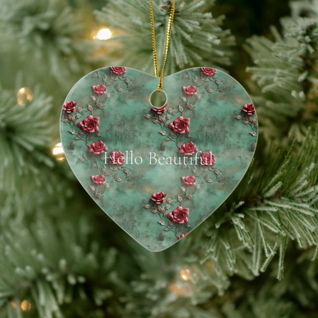 Green Red Roses  Ceramic Ornament (Tree)