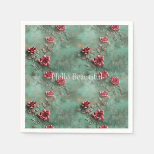 Green Red Roses Floral Napkin