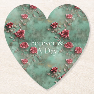 Green Red Roses Floral Paper Coaster
