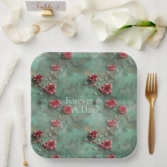 Green Red Roses Floral Paper Plate (Wedding)