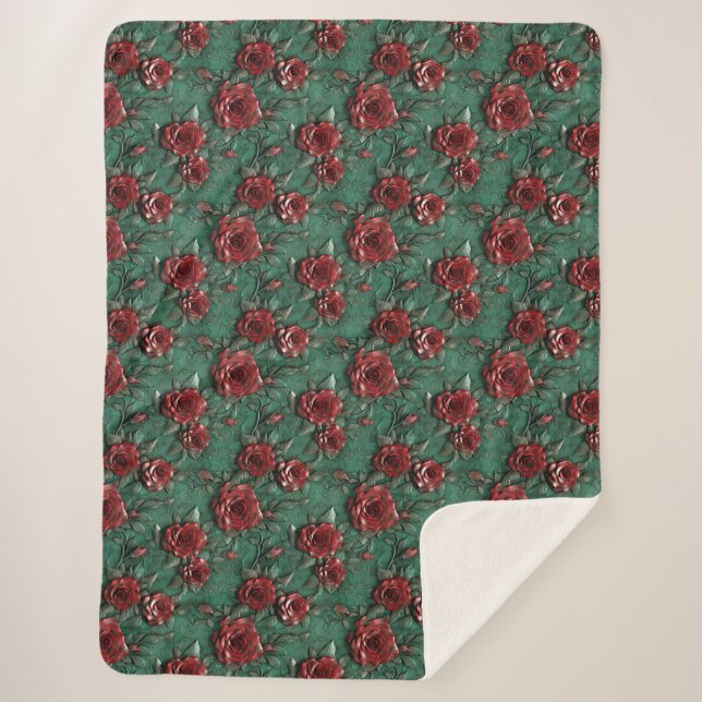 Green Red Roses Floral Sherpa Blanket (Front)