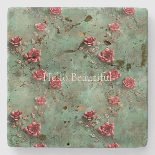 Green Red Roses Floral Stone Coaster (Front)