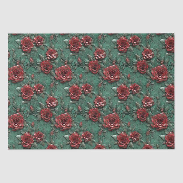 Green Red Roses Floral Tissue Paper (Front)