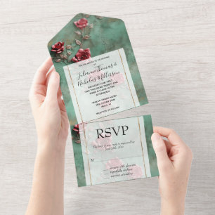 Green Red Roses Floral Wedding All In One Invitation