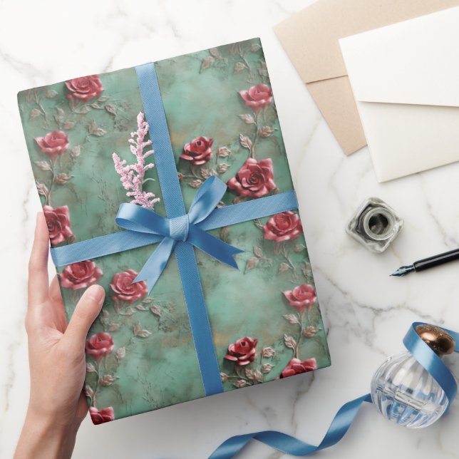 Green Red Roses Floral Wrapping Paper (Gifting)