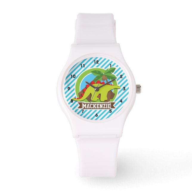 Green & Red Stegosaurus Dinosaur; Blue & White Watch (Front)