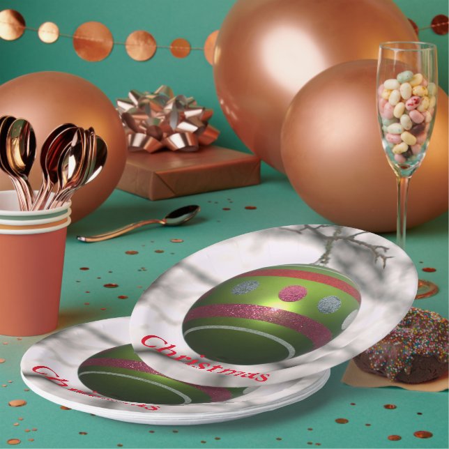 Green Red Striped Ornament Ball Paper Plate (Multi)
