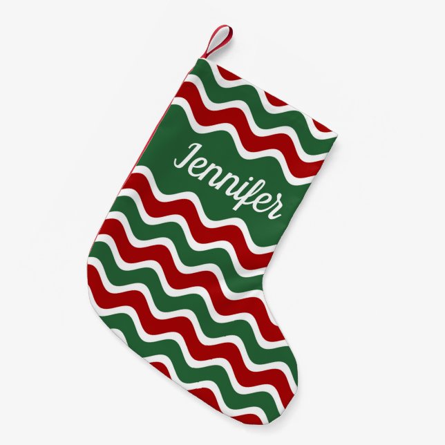 Green Red Striped Pattern Small Christmas Stocking (Front (Hanging))