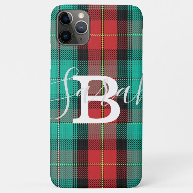 Green & Red Tartan Chequered Monogram Name Case-Mate iPhone Case (Back)