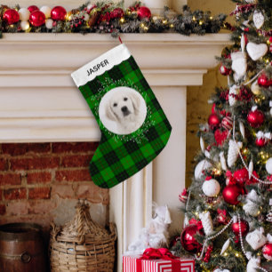 Green Red Tartan Plaid Winter Wreath Pet Dog Photo Small Christmas Stocking