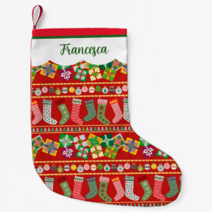 Green Red Traditional Christmas Geometric Pattern Small Christmas Stocking