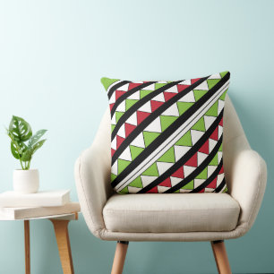 Green Red Triangles Black Diagonal Stripes Pattern Throw Pillow
