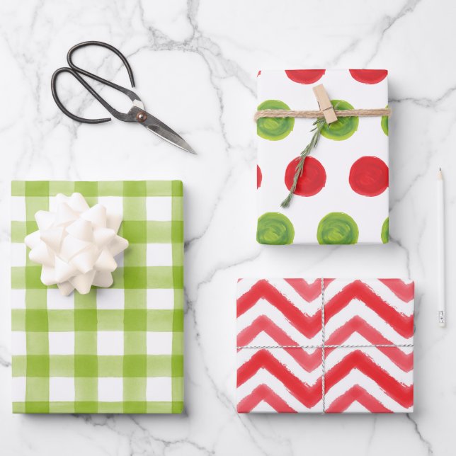 Green & Red Watercolor Dots Gingham Wrapping Paper (Front)