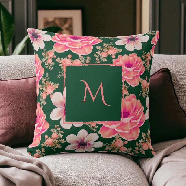 Green Red Watercolor Floral Script Throw Pillow (Creator Uploaded)