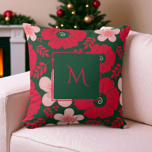 Green Red Watercolor Floral Script Throw Pillow