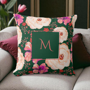 Green Red Watercolor Floral Script Throw Pillow