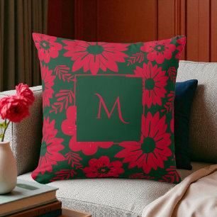 Green Red Watercolor Floral Script Throw Pillow