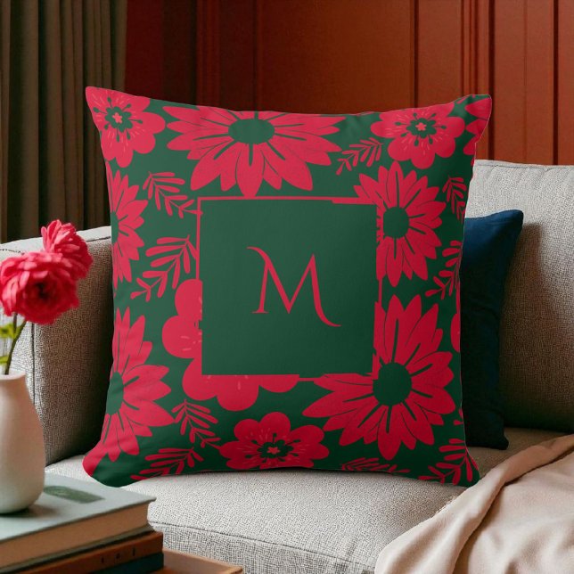 Green Red Watercolor Floral Script Throw Pillow (Creator Uploaded)