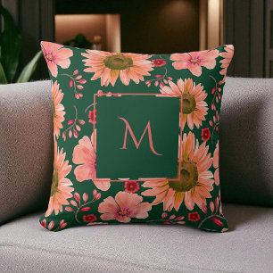 Green Red Watercolor Floral Script Throw Pillow