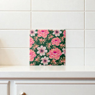 Green Red Watercolor Floral Tile