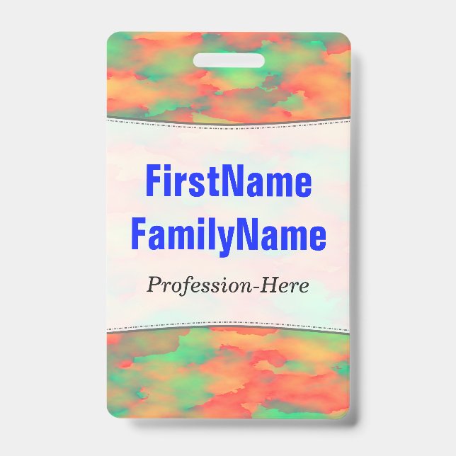 Green, Red Watercolor-Like Abstract Pattern; Name Badge (Front)