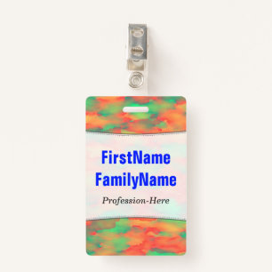 Green, Red Watercolor-Like Abstract Pattern; Name Badge