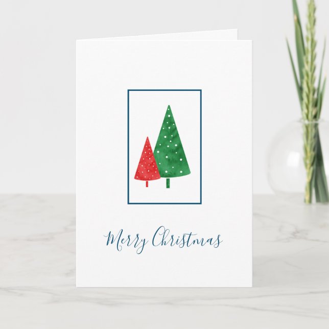  Green Red Watercolor Trees Holiday Card (Front)