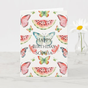 Green Red Watermelon Blue Butterflies Birthday Card